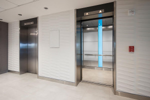 FSRT809 Интерьер лифта Levele-107 с захватными панелями из стекла vivichrome chromis с белой прослойкой и отделкой pearlex +, нержавеющей стали с отделкой seastone и узором dallas; панели для лайтплана из вивихромированного хромисового стекла с прослойкой Forms-surfaces 