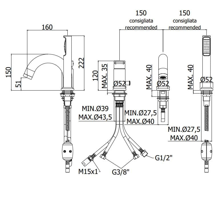 Смеситель для ванны с 3 отверстиями и ручным душем RUBINETTERIA PAFFONI Joker ARCH-00096427 - Вид №2