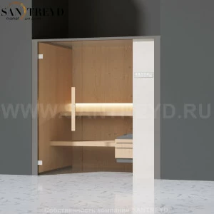 Effegibi ONEFILO S LO51010009 Сауна. Установка: в нишу. Правая дверь. Мощность: 4,5 кВт макс. Размеры: длина 214 см, ширина 171 см. Отделка: матовый лакированный серый аллюминий и бежевый ламинат из керамогранита.