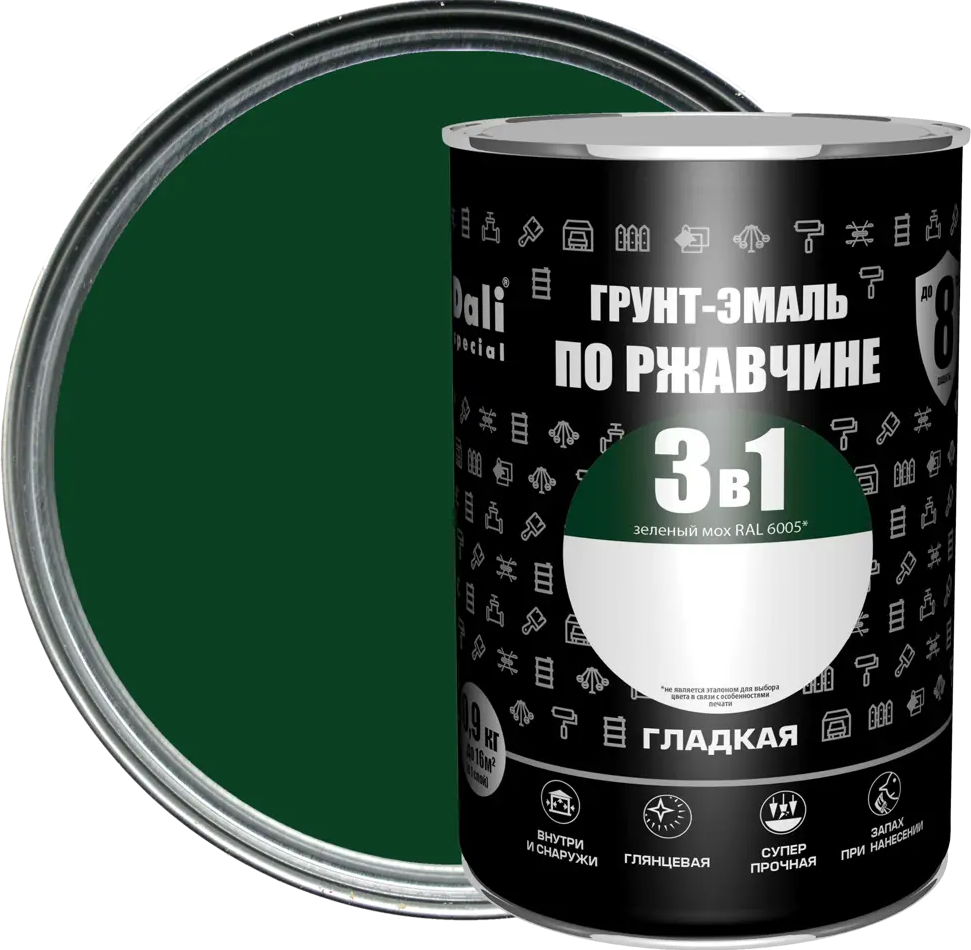 Грунт-эмаль 3в1 Dali «Зелёный мох» — защита металла от коррозии 83372439