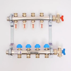Коллекторная группа из нержавеющей стали с термостатическими вентилями и расходомерами REHAU 1"x3/4" 4 выхода