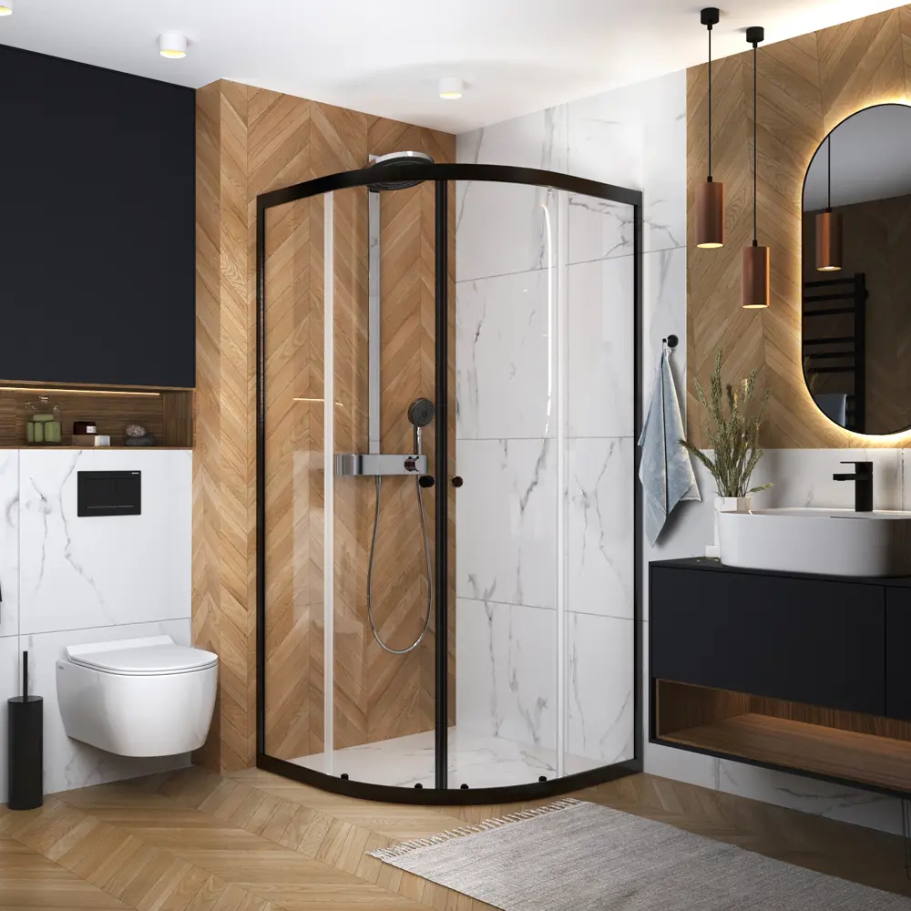 89363999 Душевой уголок Domani-Spa Delight 1/4 круга 90x90 см черный профиль прозрачное стекло раздвижной STLM-1001426