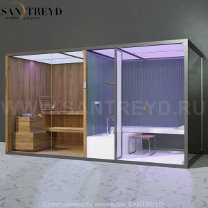 Effegibi BODYLOVE SH BL40240006 Фронтальная комбинированная баня: хаммам и сауна. Установка: к стене. Мощность: 15 кВт макс. Размеры: длина 393 см, ширина 176 см. Отделка: термообработанная древесина, трубчатое стекло и гладкая термообработанная древесина