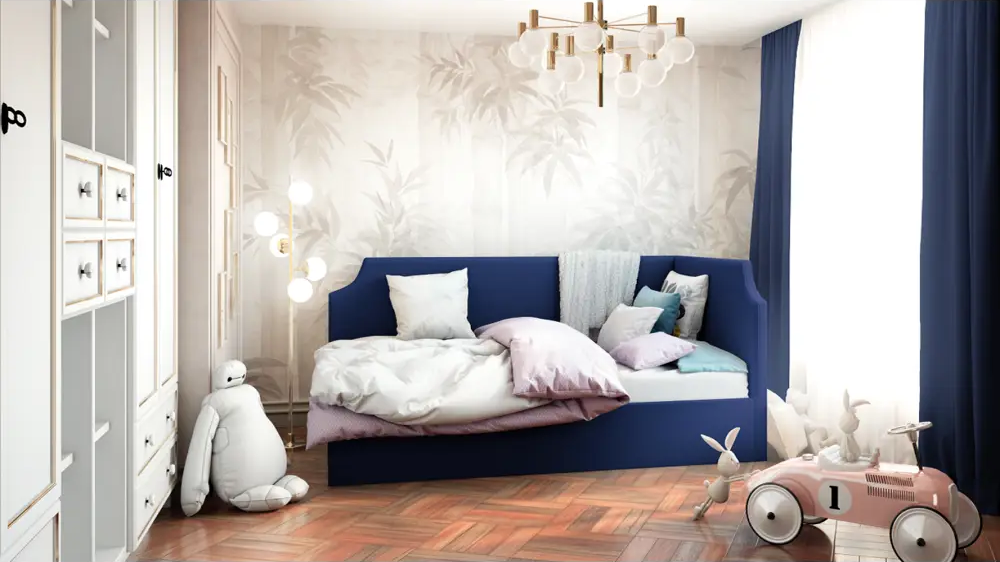 91796255 Кровать Costa Джуниор с подъемным механизмом 110x100x210 см правый угол Велюр цвет темно-синий STLM-1077766