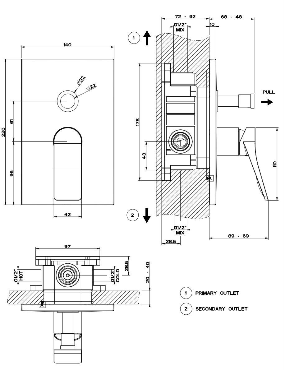 Латунный смеситель для душа с переключателем с пластиной Gessi рельеф ARCH-00037458 - Вид №2