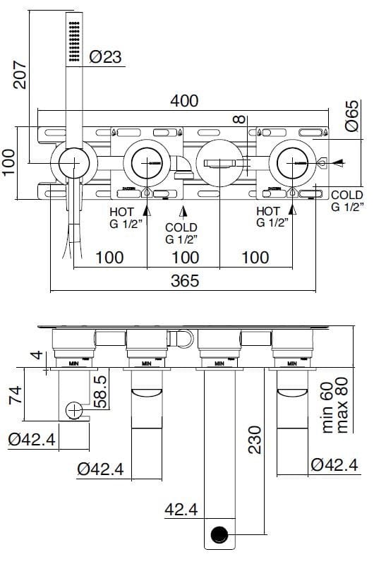 Настенный смеситель для ванны из нержавеющей стали с ручным душем Zazzeri Q316 ARCH-00083449 - Вид №3
