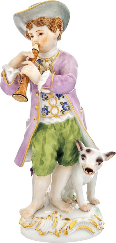 10558839 Meissen Фигурка 15см "Мальчик с дудочкой и собакой" (И.-И.Кэндлер,1740г.) (пара к 60343) Фарфор 