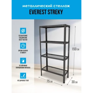 90194642 Стеллаж 4 полки 75x150x30 см EVEREST металл цвет черный STLM-1528009