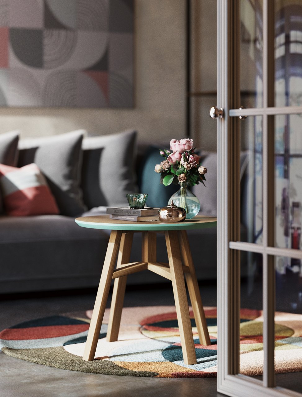 Приставной столик круглый дуб тобакко, бирюзовый 55 см Mack THE IDEA  210075 Коричневый  - Вид №2