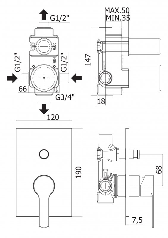 Встраиваемый смеситель для душа с переключателем CEZARES OVEST-VDIM-NOP  - Вид №1