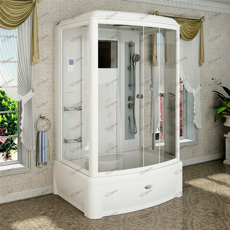 Душевая кабина «ДИАНА 2» (высокий поддон), поддон на раме-подставке, фронтальная панель, 2 торцевые панели, слив-перелив, задняя стенка, крыша, стеклянные шторки (матовые), вертикальный душ «Тропический дождь», смеситель, ручной душ, 2 стеклянные полочки Radomir 1051000611