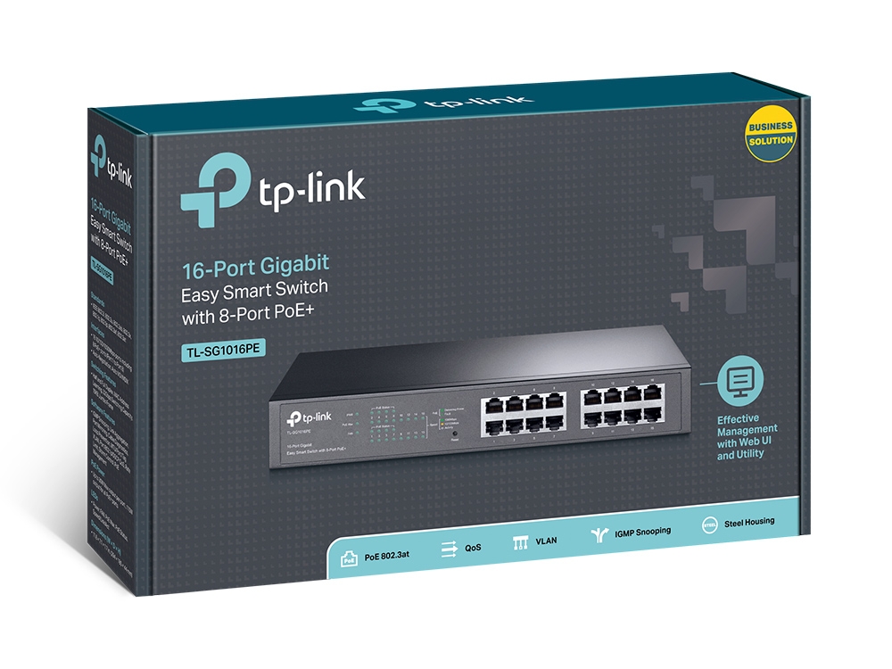 TL-SG1016PE 16-port gigabit easy smart poe switch, 16 10/100/1000 mbps ports, 8 poe+ ports, 802.3af/at support, poe power budget: 110w TP-Link Santreyd  - Вид №3