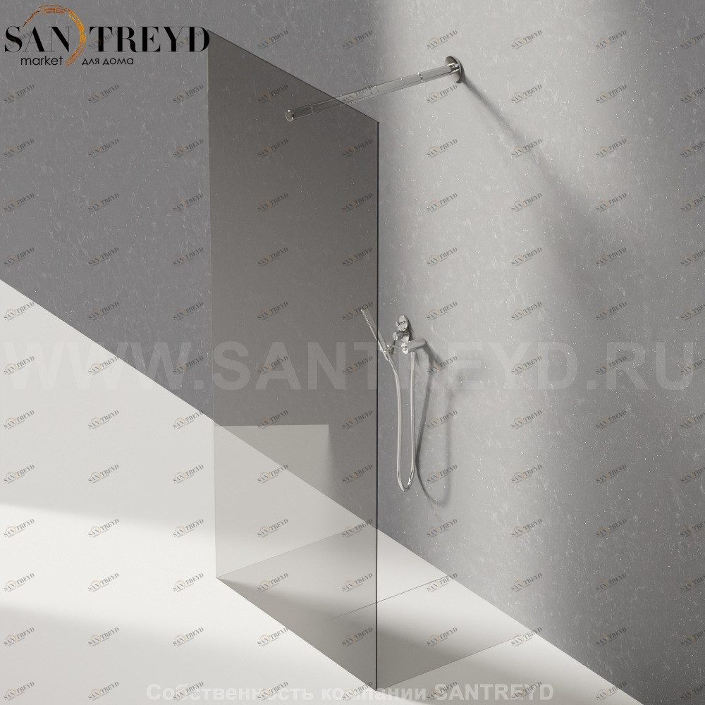 Душевое ограждение FLAT D подрезаемое, стеклянная дымчатая перегородка с держателем и встроенным душем. Размеры: глубина от 70 до 100, длина от 100 до 140 см Agape DA70100100140LM