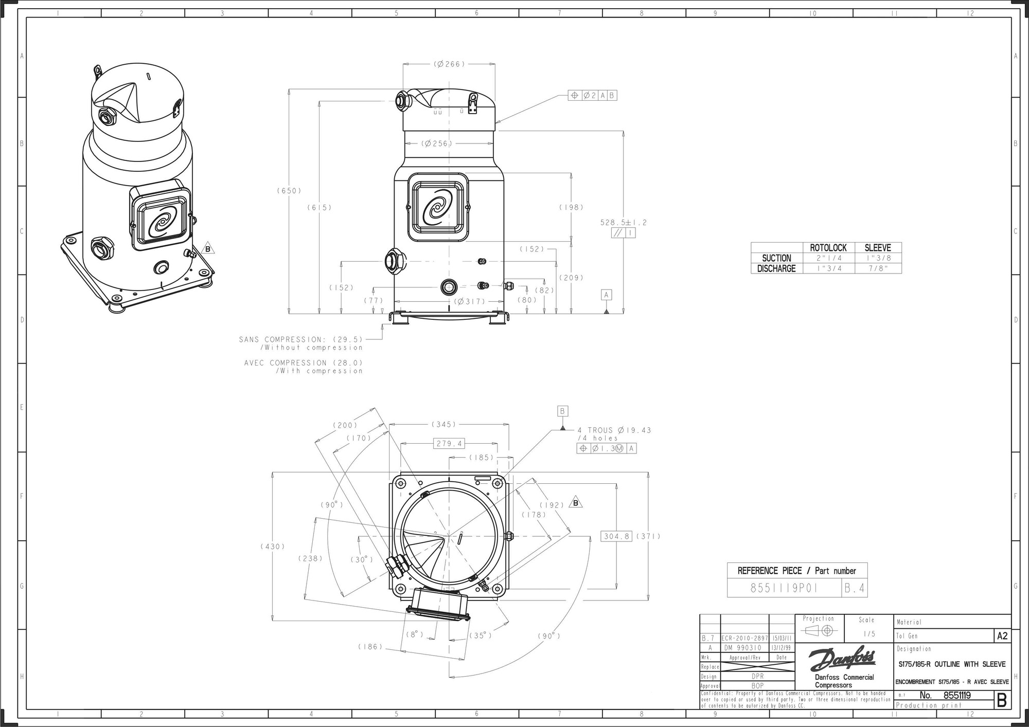 Danfoss SY — Герметичные спиральные компрессоры, R22, R134a, R407C SY300A4CBM Компрессор спиральный SY300A4CBM  - Вид №6