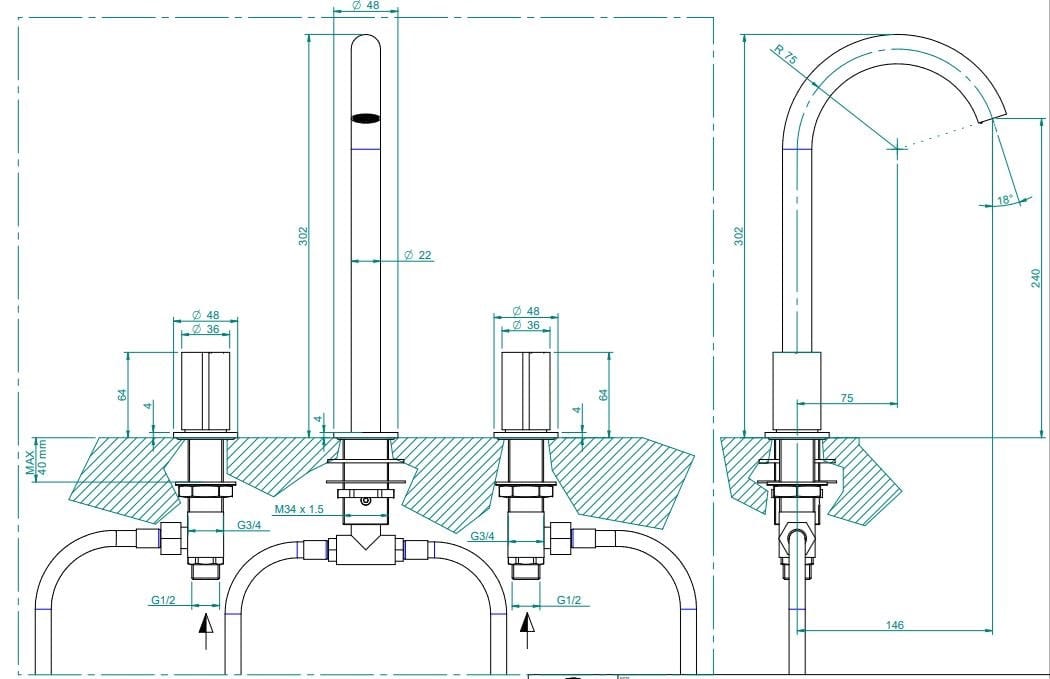 Смеситель для раковины с 3 отверстиями из нержавеющей стали Zazzeri Z316 ARCH-00088553 - Вид №5