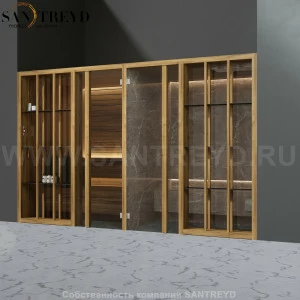 Effegibi YOKU.S SH YO.10220001 Комбинированная баня: хаммам и сауна. Установка: в нишу. Мощность: 10,5 кВт макс.Размеры: длина 342 см, ширина 170 см.  Отделка: термообработанное дерево и темный керамогранит