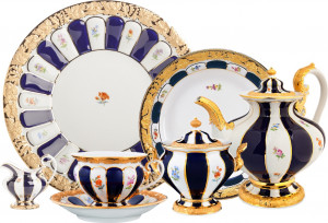 10640084 Meissen Сервиз чайный 6/15 "Форма - Икс" (россыпь цветов, кобальт) Фарфор