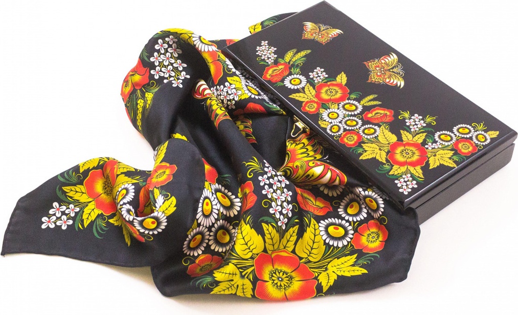 10660477 Хохломская Роспись Набор подарочный "Маковый венок" (Высшая категория)130*240*25. Платок 89*89 Шелк 