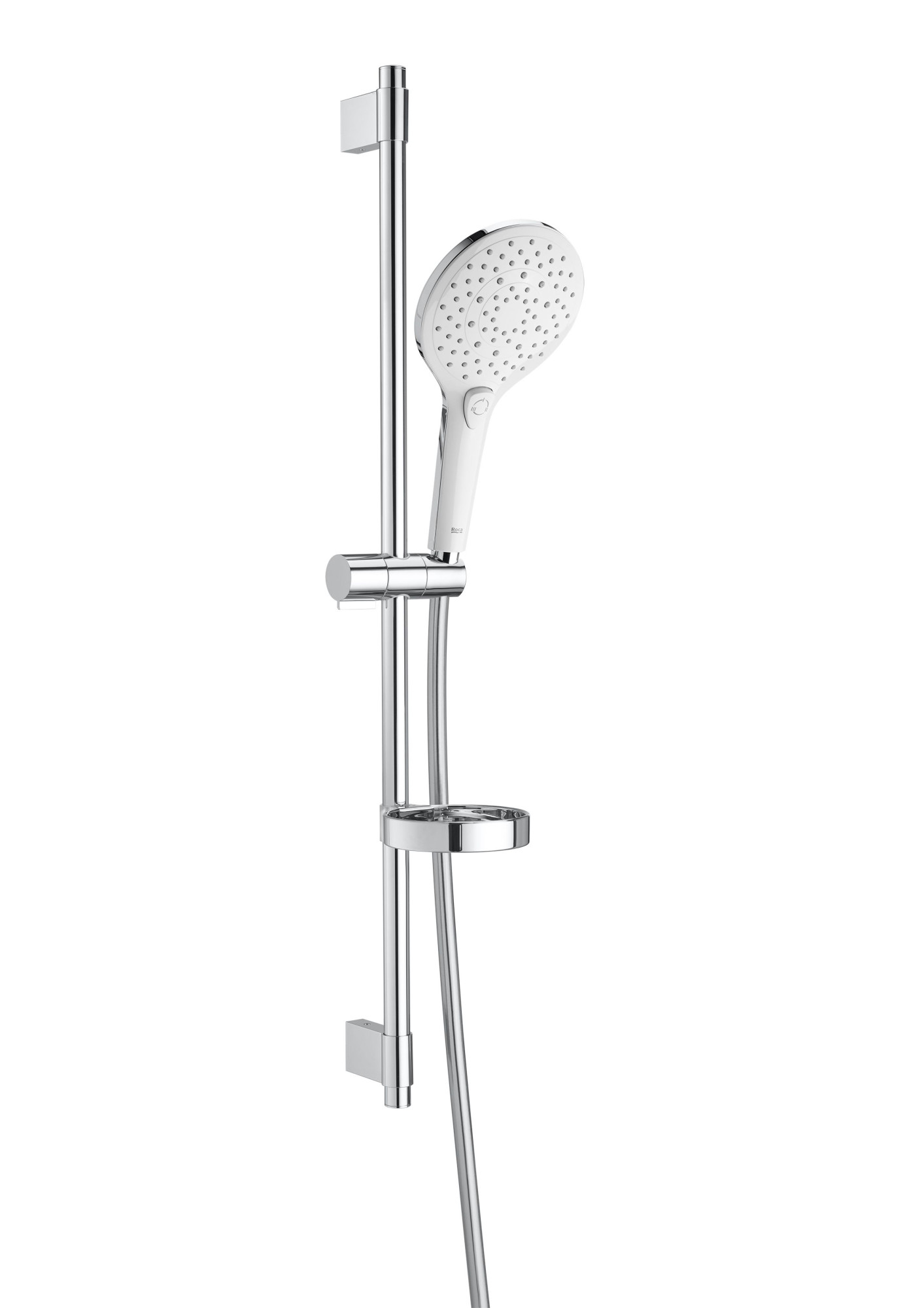 A5B1411CB0 КРУГЛЫЙ - Набор для душа. Включает 140-мм 3-функциональный ручной душ White Chrome, штангу 800 мм, регулируемую подставку для ручного душа, мыльницу и шланг из сатинированного ПВХ 1,70 м. ROCA Plenum 