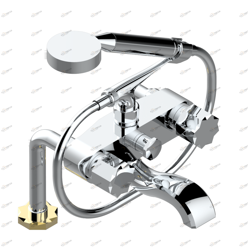 U2M-13G Смеситель для ванны/душа устанавливаемый на борту на два отверстия с душем и шлангом - 150 мм между центрами Thg-paris Nihal metal Хром-золото U2M 13G CAT.A