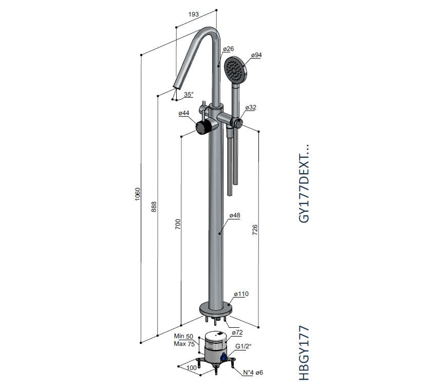 Смеситель для ванны с ручным душем Hotbath Guy ARCH-00071100 - Вид №4