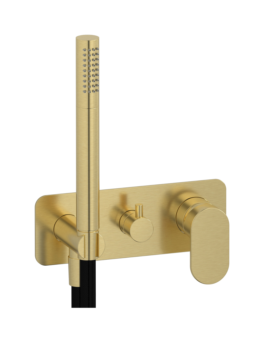 Внешние части встроенного в стену смесителя на 2 потребителя в комплекте с душевым гарнитуром. WE ARE IB k2313is Brushed Pale Gold K2