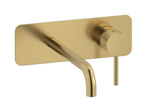 Встроенный в стену смеситель для раковины на 2 отверстия с длинным изливом в комплекте с донным клапаном. WE ARE IB id207os Brushed Gold Industria