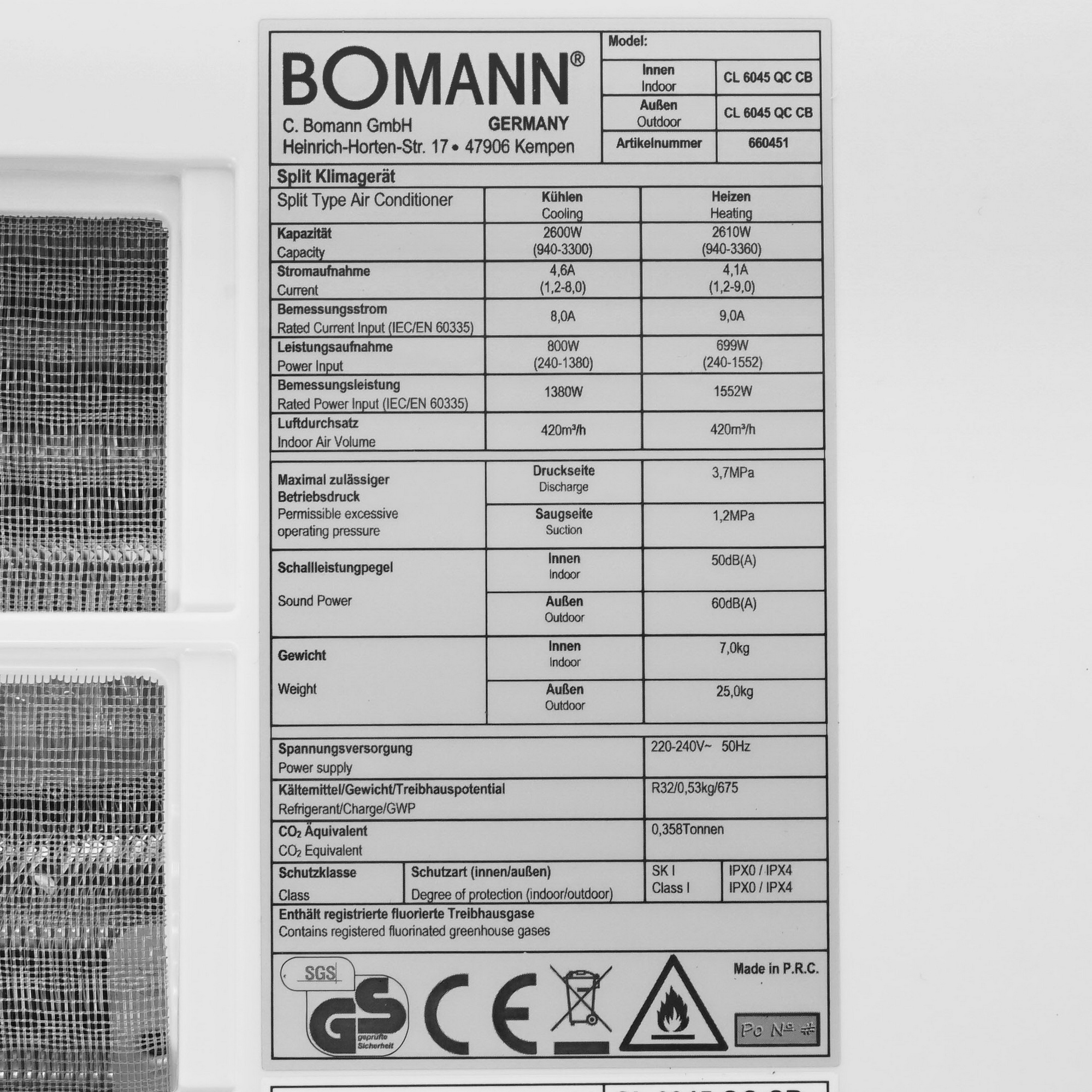 9903196 Кондиционер настенный сплит-система Bomann CL 6045 QC CB белый STDN-0066440 - Вид №3