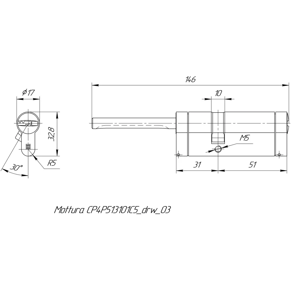 Цилиндр Mottura Champions Pro CP4P513101C5, 46x10x26 мм, ключ/шток, цвет матовый никель, без вертушки STLM-2117425 - Вид №4