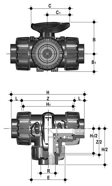 SANIT 352012206 3-ходовой шаровой кран R 1/2 "- 2", ТКД DualBlock®, РР, Т-отверстия, резьбовые втулки  - Вид №1