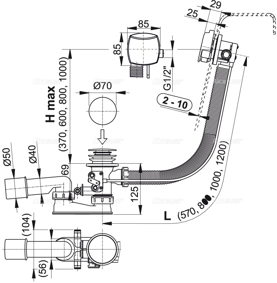 Сифон для гидромассажных ванн с напуском через перелив, металл ALCAPLAST A566273133 - Вид №1