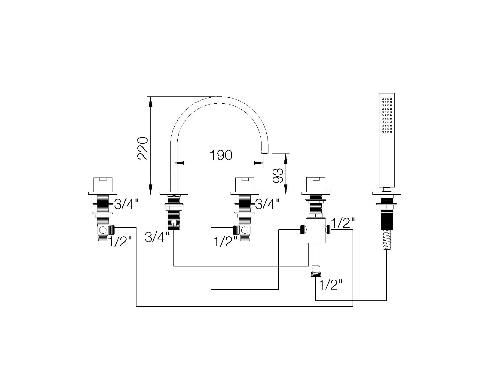 Набор для ванны с 5 отверстиями и ручным душем rvb ARCH-00049042 - Вид №2