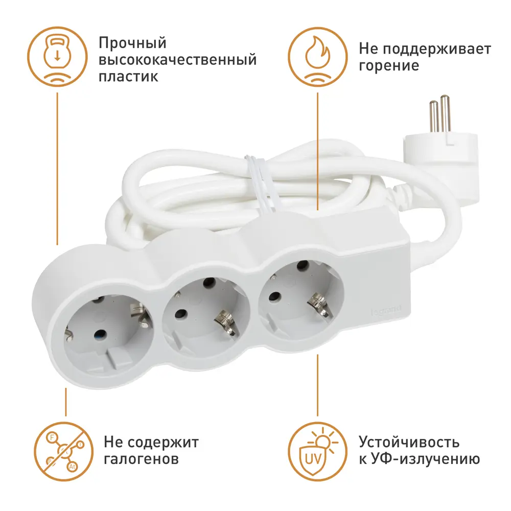 Удлинитель бытовой Legrand Стандарт 3 розетки с заземлением 3x1.5 мм 3 м 3680 Вт цвет бело-серый 88503038 STLM-2203881  - Вид №5