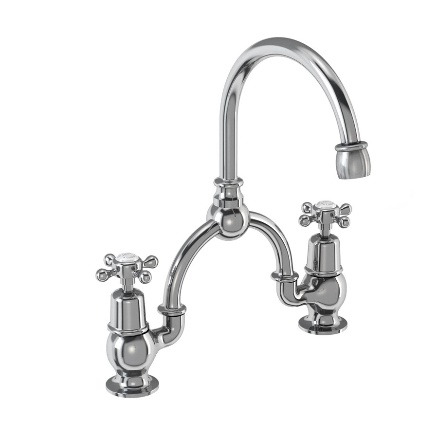 Burlington Арочный смеситель Claremont с 2 отверстиями и изогнутым изливом (центры 230 мм) Четверть оборота с белым акцентом CL28-QT 