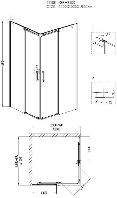 Душевое ограждение GROSSMAN GR-3100 Galaxy 100*100*190 квадрат, двери раздвижные - Вид №1