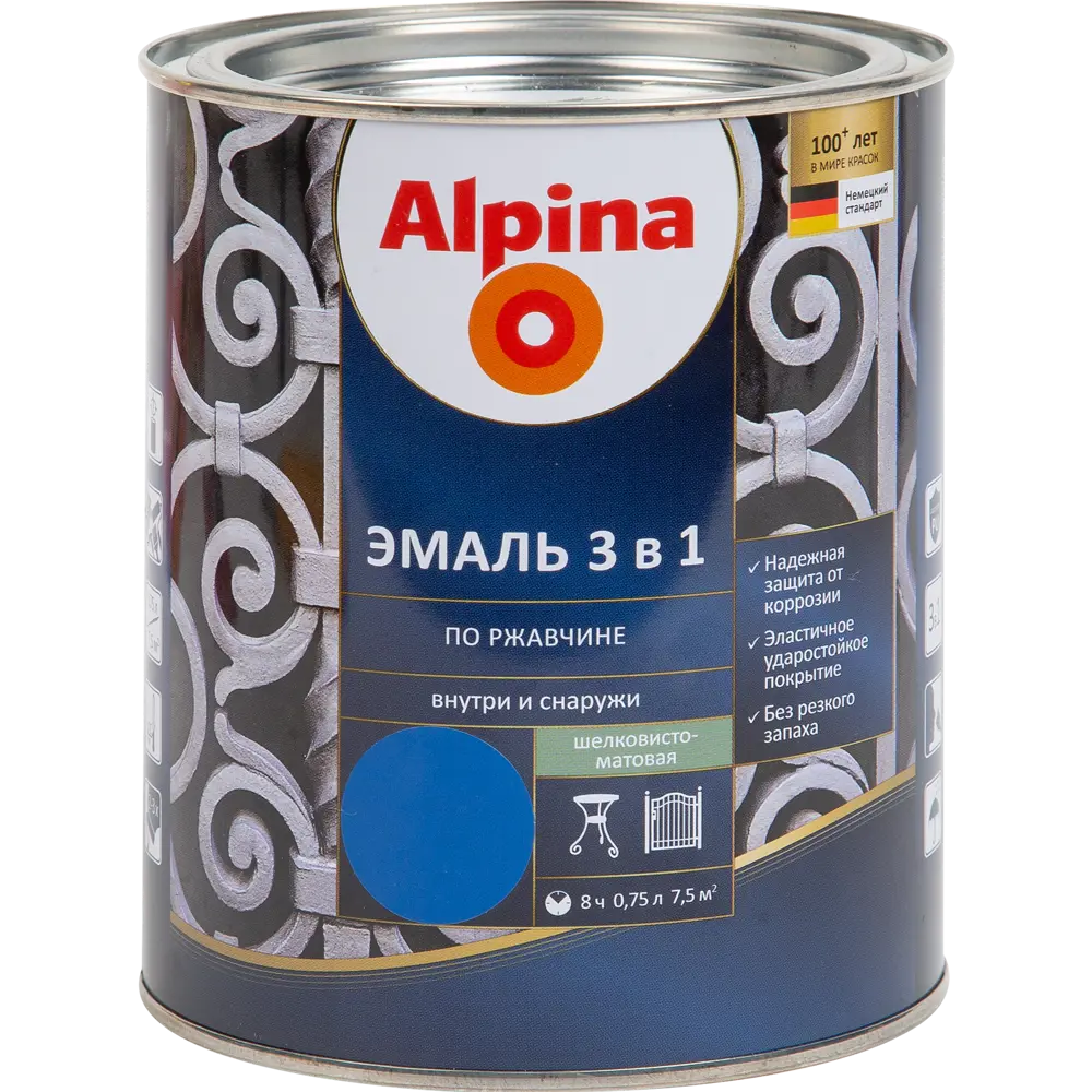 Грунт-эмаль по ржавчине 3 в 1 Alpina полуматовая цвет синий 0.75 л STLM-2046261