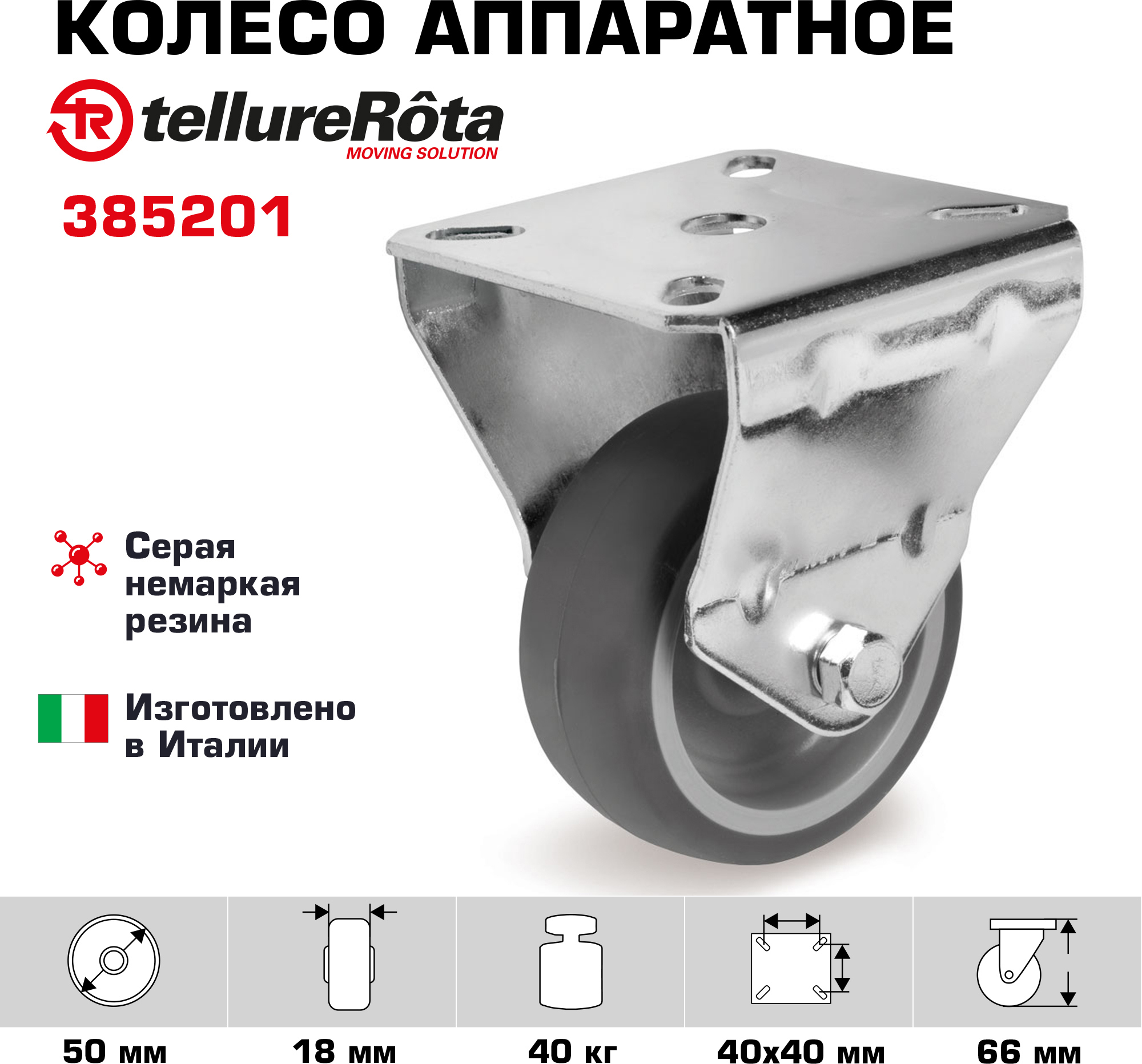 90202717 Колесо неповоротное 385201, диаметр 50мм, грузоподъемность 40кг, серая резина, полипропилен STLM-0131022 TELLURE ROTA