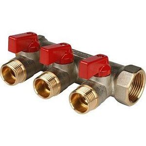 Коллектор с шаровыми кранами 3/4" STOUT 3 выхода 1/2", красные ручки