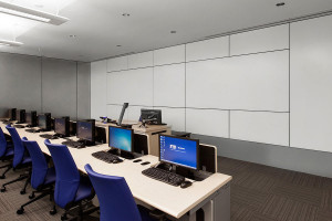 FSRT667 Система облицовки стен Levele глухими панелями; вставки из стекла вивихрома с белой прослойкой и отделкой pearlex +; нержавеющая сталь с льняной отделкой в ​​международном университете флориды - школа бизнеса райдера, медиа-лаборатории, майами, фл