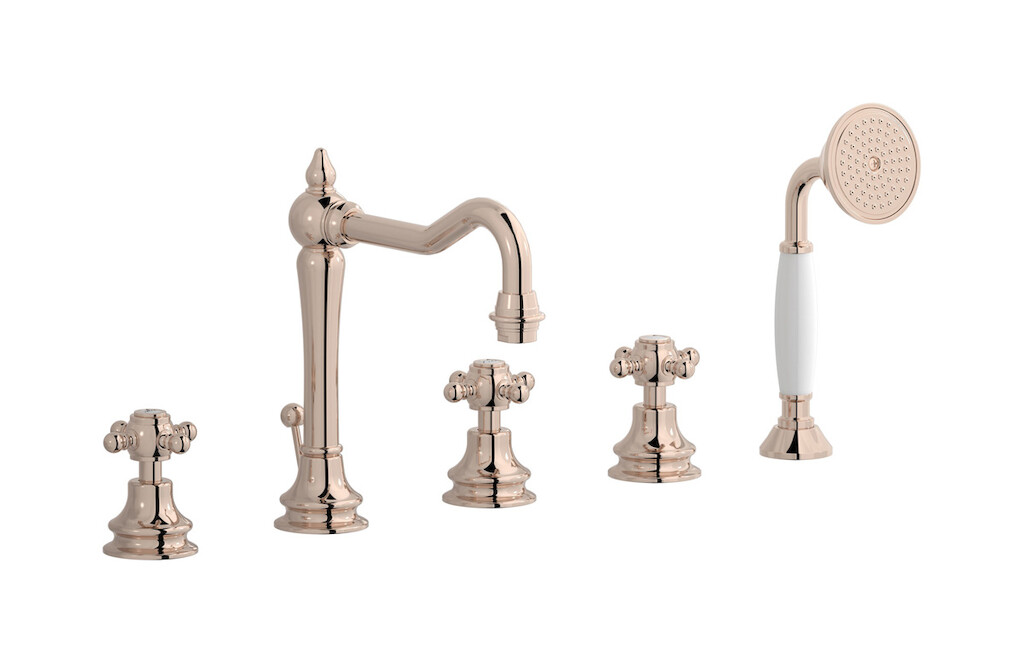 Смеситель на бортик ванной на 5 отверстий с дивертером и душевым гарнитуром. WE ARE IB hr396rs Rose Gold Hermes