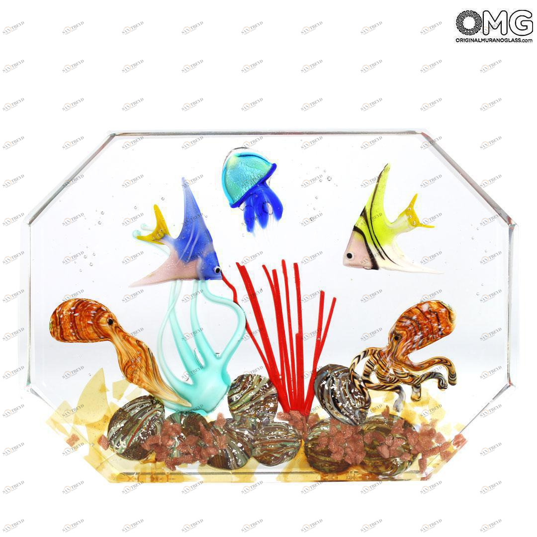 4785 ORIGINALMURANOGLASS Скульптура Аквариум с тропическими рыбками - муранское стекло OMG 20 см 