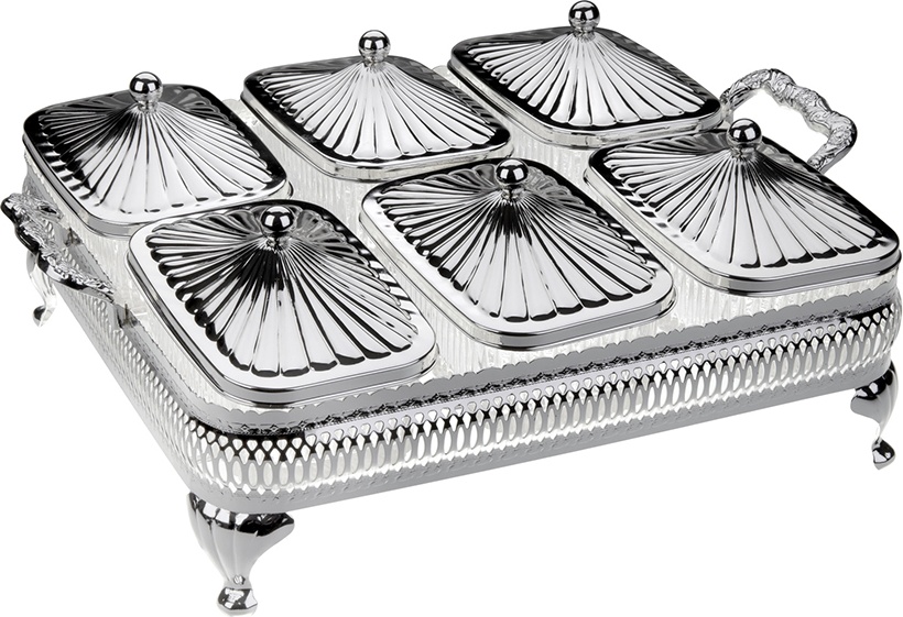 10611746 Queen Anne Мармит для 6-ти блюд с крышками Queen Anne 47х35х15см, сталь, стекло, посеребрение Сталь нержавеющая с посеребрением, стекло 