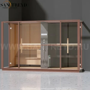 Effegibi LOGICA LO10030007 Комбинированная баня: хаммам и сауна. Установка: в полунишу. Мощность: 10,5 кВт макс. Размеры: длина 373 см, ширина 250 см. Отделка: канадский хемлок, матовый лакированный коричневый аллюминий и темный ламинат из керамогранита.