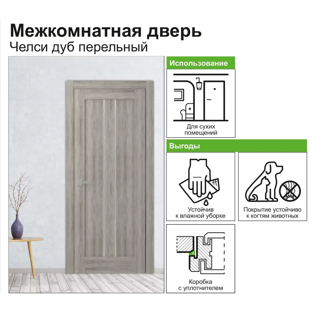 Дверь межкомнатная Челси глухая ламинация цвет дуб пепельный 60x200 см BELWOODDOORS STLM-2017812 - Вид №3