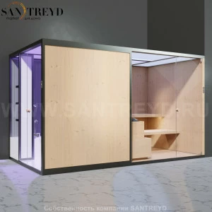 Effegibi BODYLOVE SH BL45140001 Боковая комбинированная баня: хаммам и сауна. Установка: в правый угол. Мощность: 15 кВт макс. Размеры: длина 393 см, ширина 176 см. Отделка: канадский хемлок, трубчатое стекло и гладкий хемлок.