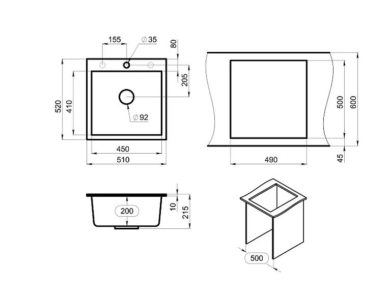 5102, ГРАФИТ (ЧЁРНО-СЕРЫЙ), кухонная мойка, кварц GRANULA 5102-ST107 - Вид №3