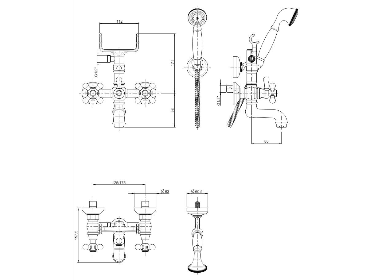 Наружный настенный смеситель для ванны с ручным душем Rubinetterie Frattini Dedra ARCH-00127083
