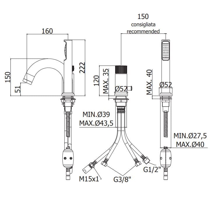 Смеситель для ванны с 2 отверстиями и ручным душем RUBINETTERIA PAFFONI Jo ARCH-00127585 - Вид №2