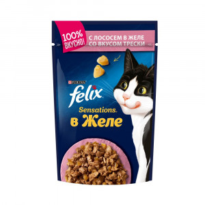 ПР0026298 Корм для кошек Sensations с лососем в желе с добавлением трески, пауч 85 г FELIX