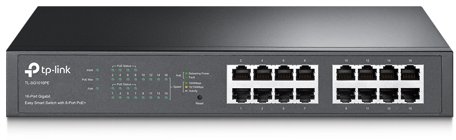 TL-SG1016PE 16-port gigabit easy smart poe switch, 16 10/100/1000 mbps ports, 8 poe+ ports, 802.3af/at support, poe power budget: 110w TP-Link Santreyd 